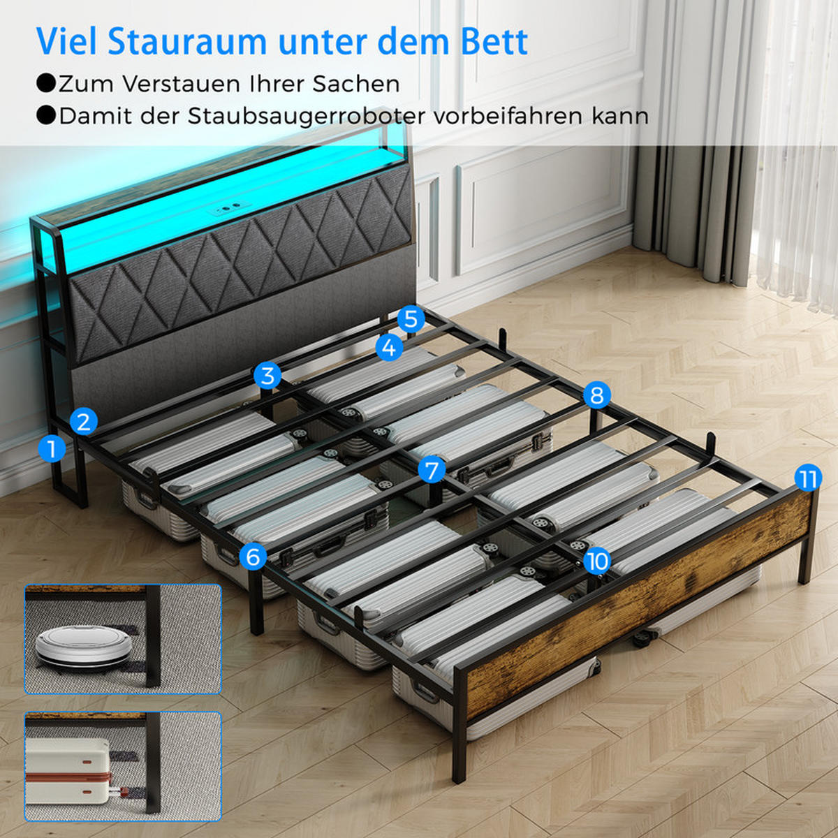 BETT 140 x 190 cm mit Metall Lattenrost,Bettgestell,Stauraum unter dem Bett,Doppelbett mit LED-Beleuchtung,mit 2 AC-Steckdosen und USB,Schwarz - Schwarz, Metall