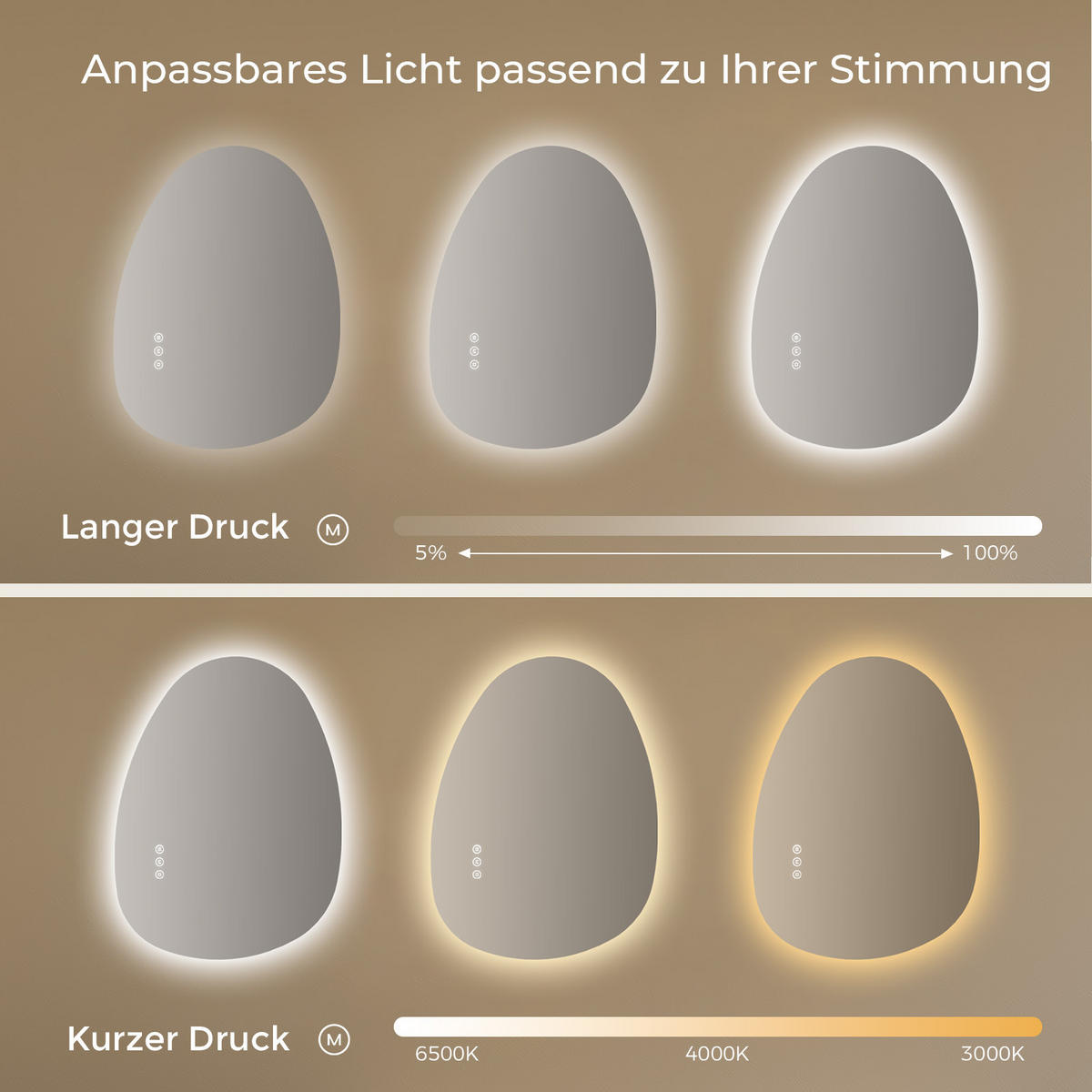 BADSPIEGEL MIT BELEUCHTUNG 50/85 cm asymmetrisch mit dimmbarer LED-Beleuchtung und Antibeschlag - Transparent, Glas (50/85/2.5cm) - S'AFIELINA