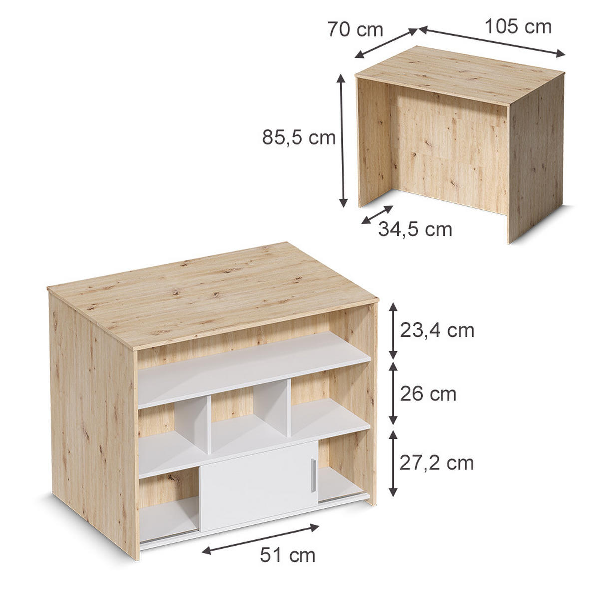 BARTISCH Aventi, Artisan-Eiche/Weiß, 105 x 70 cm - Eiche Artisan/Weiß, Holzwerkstoff (70/105/85.5cm) - Vicco