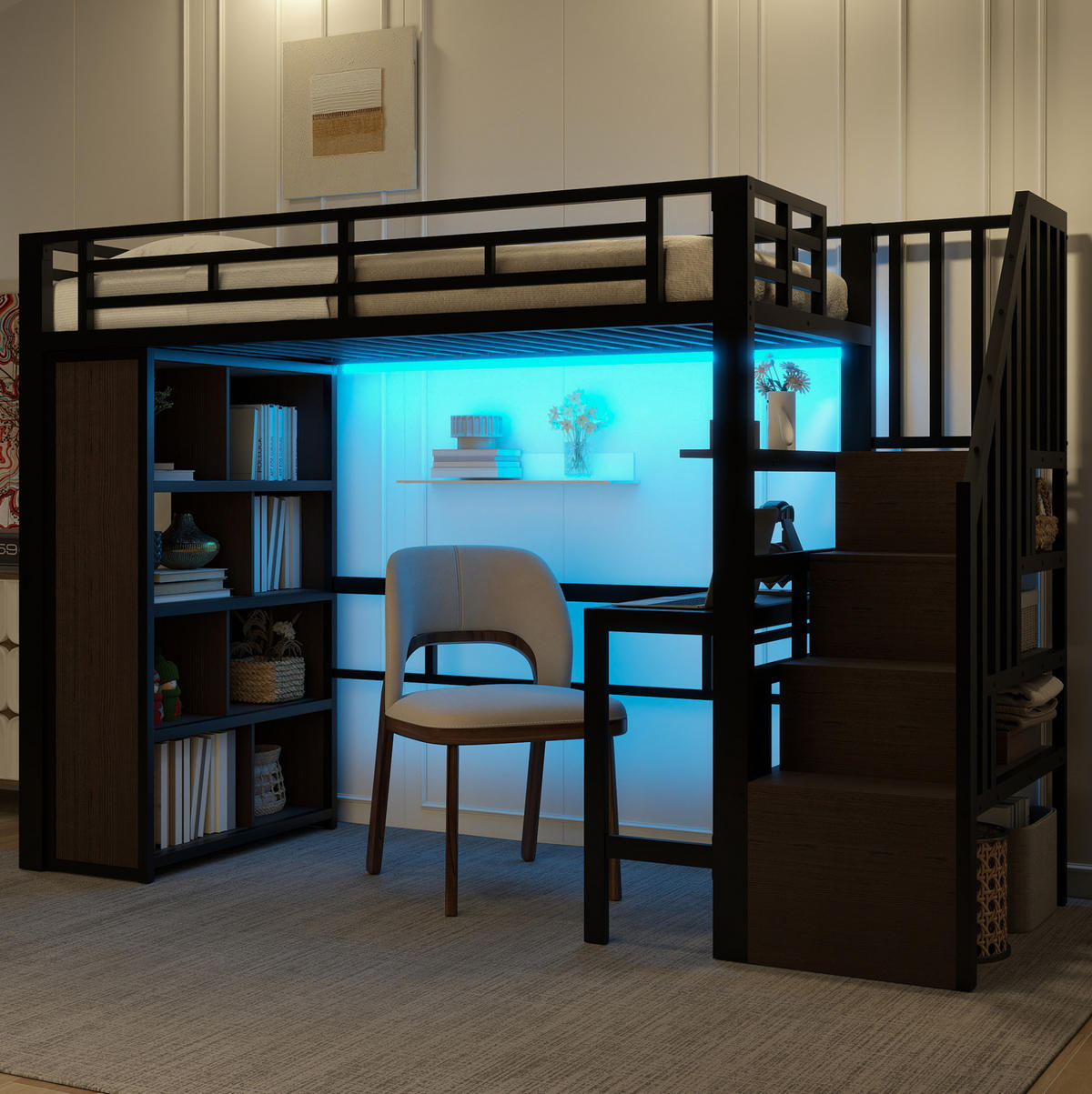 HOCHBETT 90/200 cm Schwarz mit Schreibtisch und LED-Lichtleiste ohne Matratze - Schwarz, Metall (90/200cm) - MIVRAY