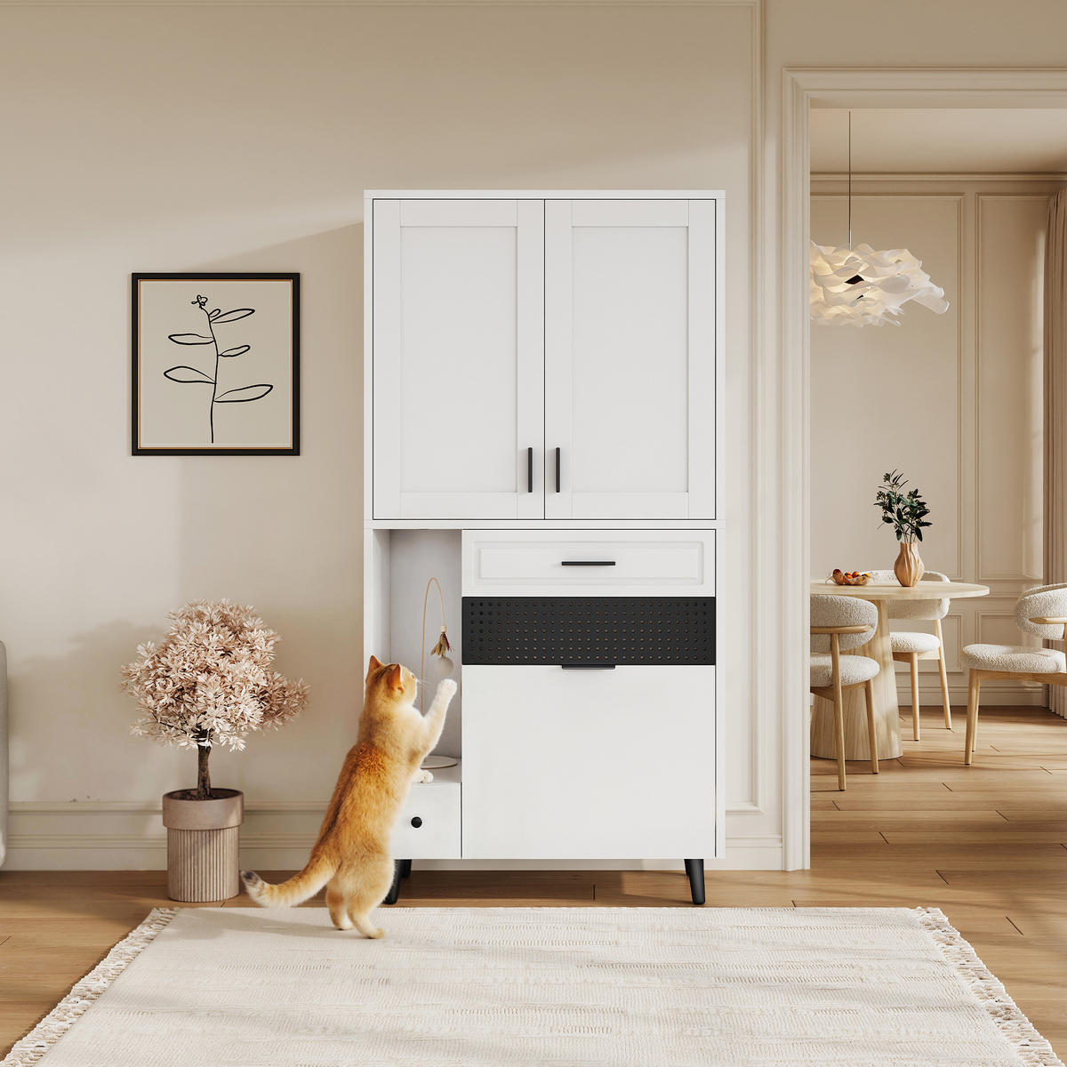 BUFFET Katzenmöbel Schrank MDF Katzenhaus Multifunktion Spielbereich verstellbare Böden Stauraum - Schwarz/Weiß, Holzwerkstoff/Metall (80/161/40cm) - EVRYAE