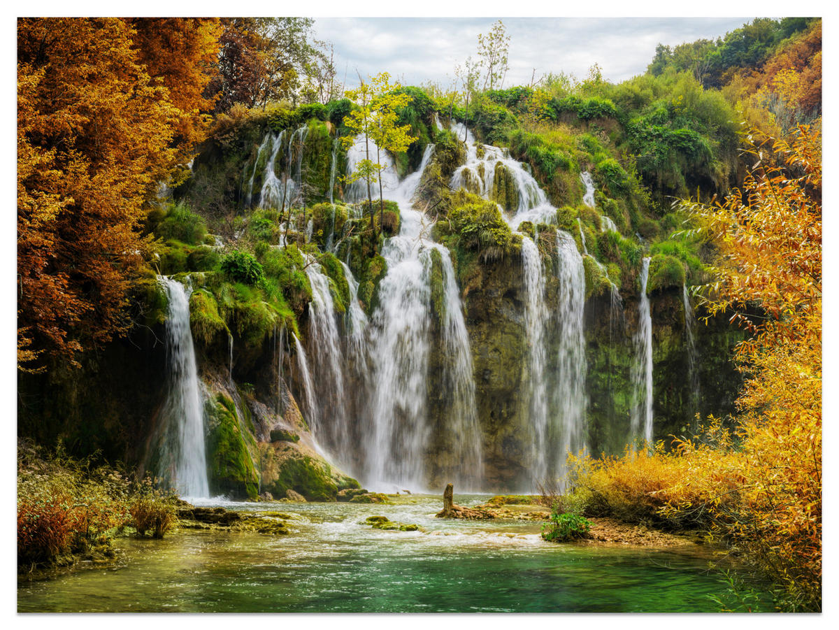 FOTOTAPETE für Esszimmer Exotischer Wasserfall Herbstbaum 350x256 - Gelb/Beige, Papier (350/256cm) - Muralo