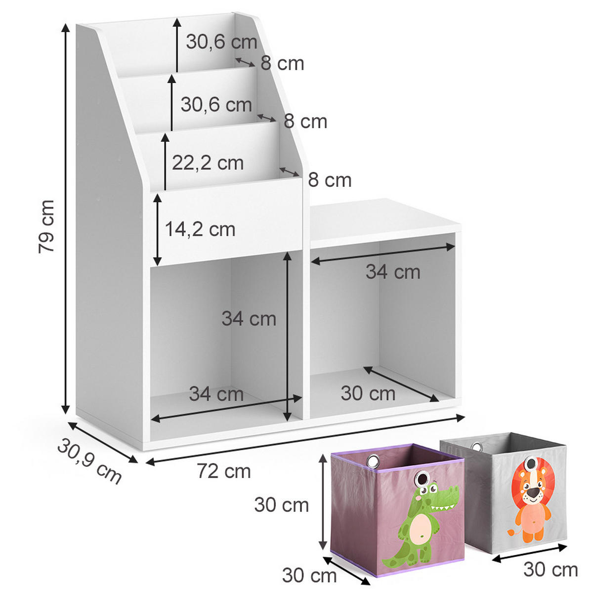 KINDERREGAL Luigi Weiß 72 x 79 cm Mini, mit 2 Faltboxen opt.3 - Weiß, Holzwerkstoff (30.9/79/72cm) - Vicco