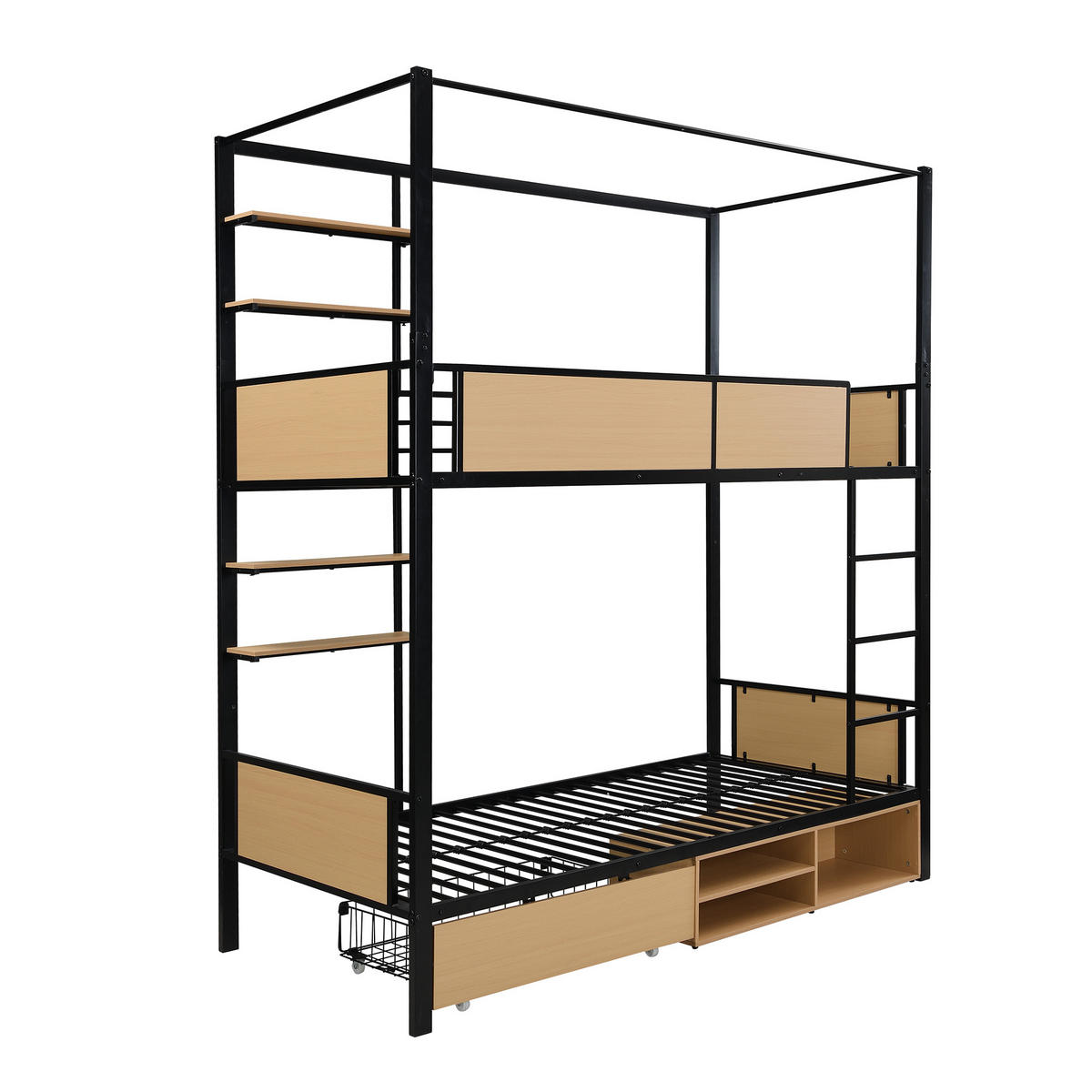 ETAGENBETT 90/200 cm schwarz und natur aus Metall mit Stauraum - Schwarz, Holzwerkstoff (90/200cm) - OKWISH