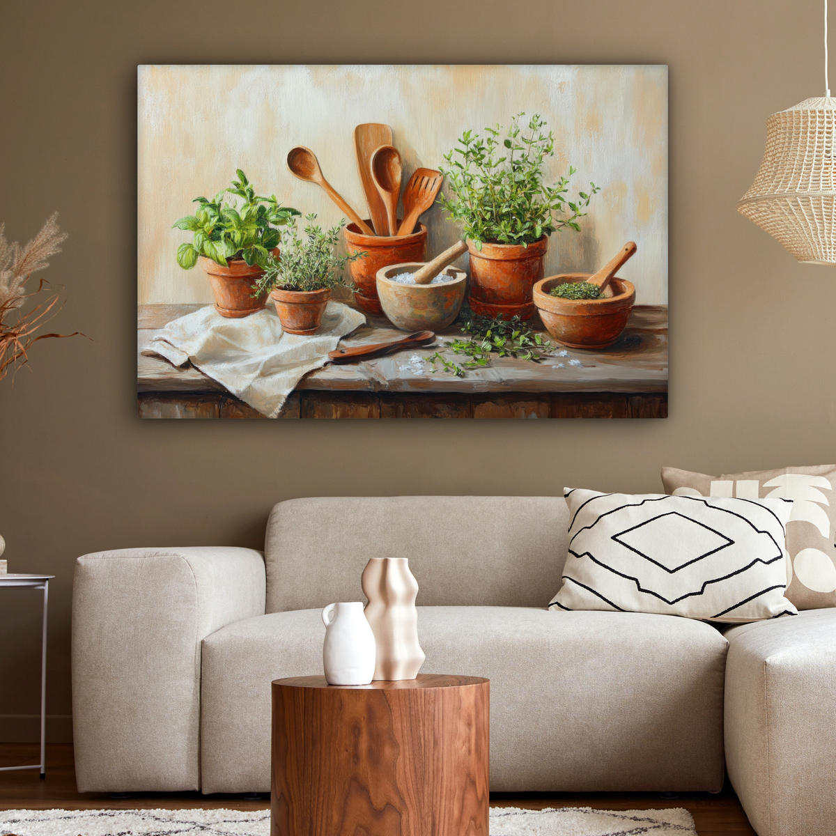 LEINWANDBILD Töpfe - Kräuter - Holz Wohnzimmer 120x80 cm - Terracotta, Textil (120/80cm) - MuchoWow