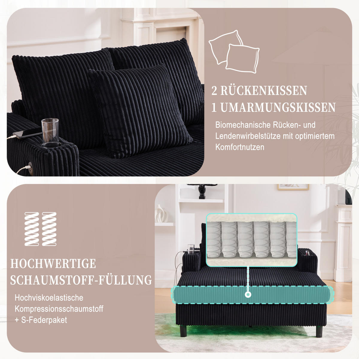 SCHLAFSOFA,SCHLAFCOUCH Schwarz, Cordbezug mit LED USB Anschluss Getränkehalter - Schwarz, Textil (142/85/128cm) - PARAFTA HOME