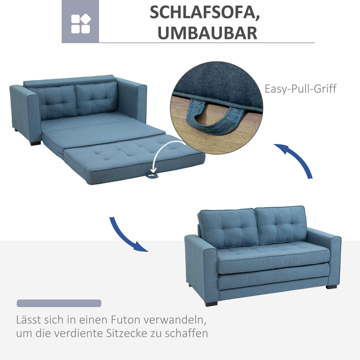 SCHLAFSOFA Klappsofa 2-Sitzer Sofa mit Schlaffunktion Leinen-Touch Holz Blau - Blau/Schwarz, Holz/Textil (75/85/147.5cm) - HOMCOM