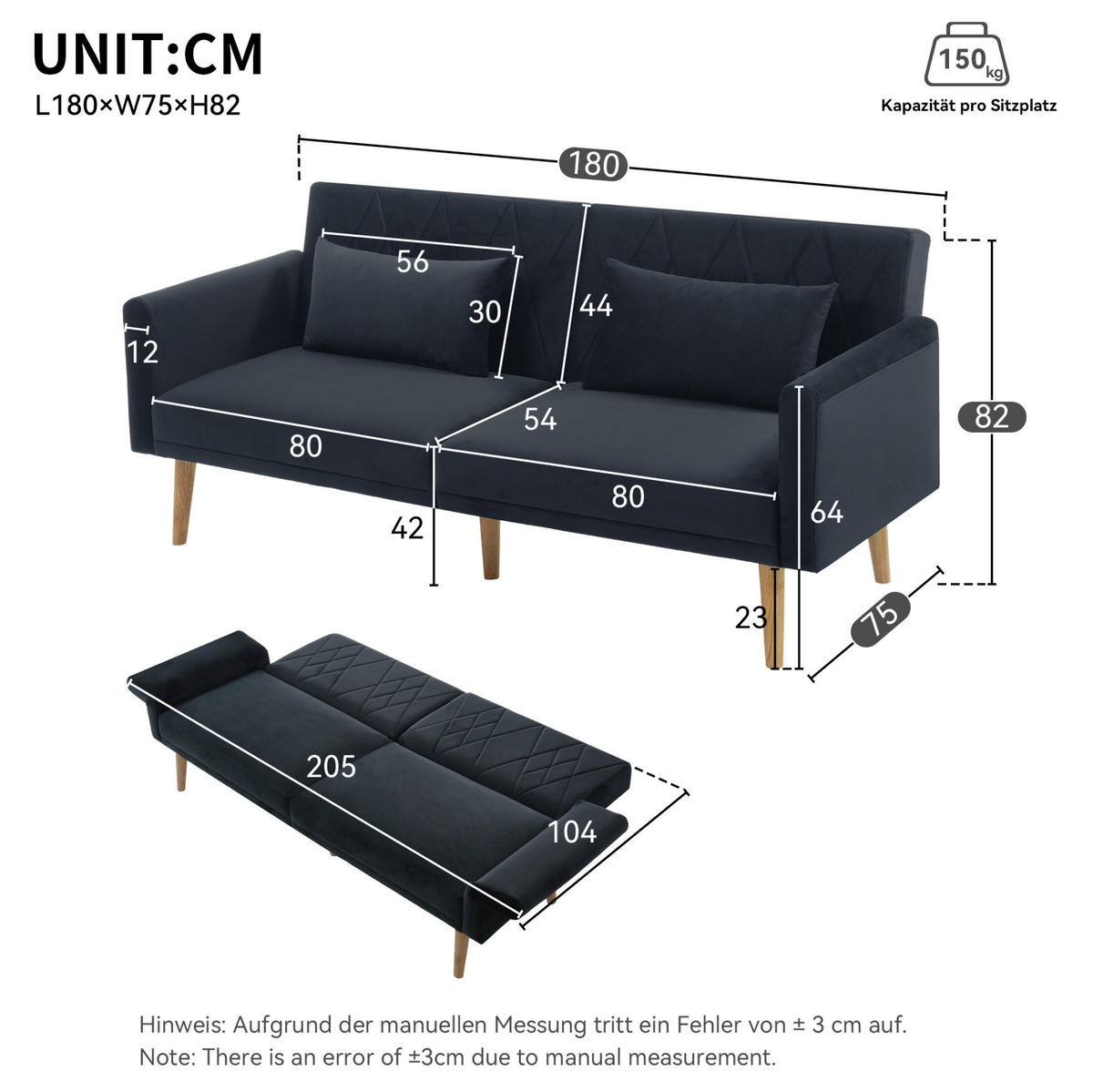 SCHLAFSOFA Samt mit geteilten Rückenlehnen und 5-fach Armlehnen Schwarz 180/75/82 cm - Schwarz, Textil (82/75/180cm) - Redom
