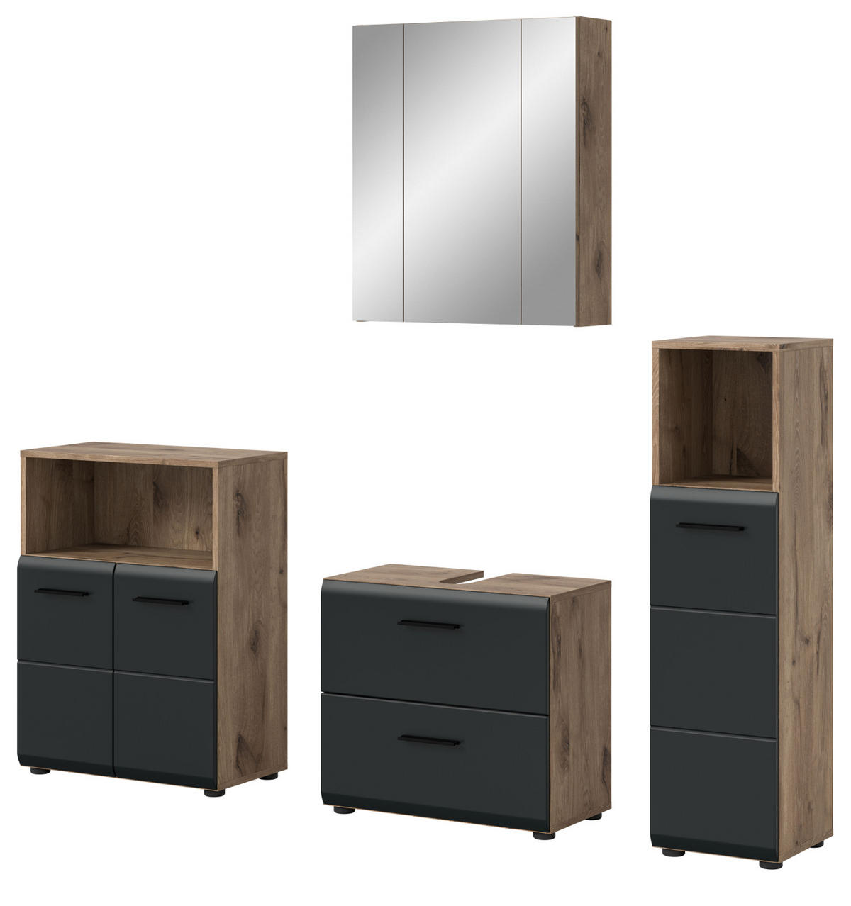 BADMÖBEL-SET 4-teilig in schwarz matt und Eiche Badezimmer mit viel Stauraum, 180 x 185 cm - Eichefarben/Schwarz, Glas/Holzwerkstoff (180/185/30cm) - Inn.Furn