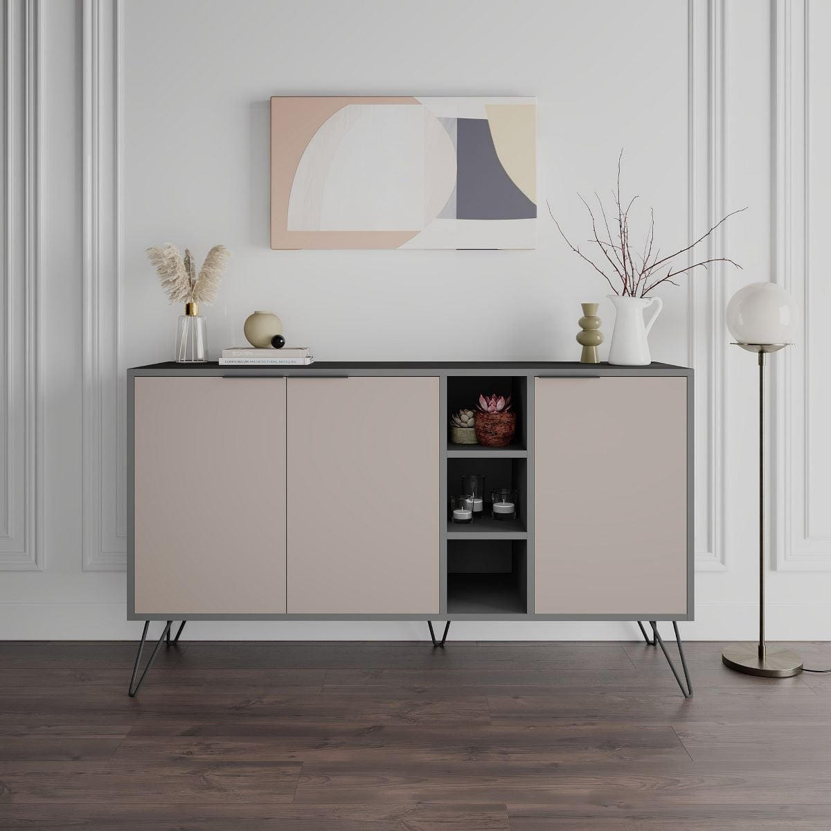 BUFFET 3 Nischen und 3 Türen L142 cm - Clara - Taupe, Holzwerkstoff (35.6/83/142cm) - Calicosy