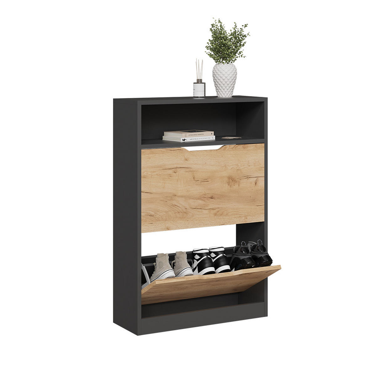SCHUHKIPPER Luca Anthrazit/Goldkraft Eiche 22 x 89.5 cm mit 2 Fächern - Honigeiche/Anthrazit, Holzwerkstoff (59/89.5/22cm) - Vicco