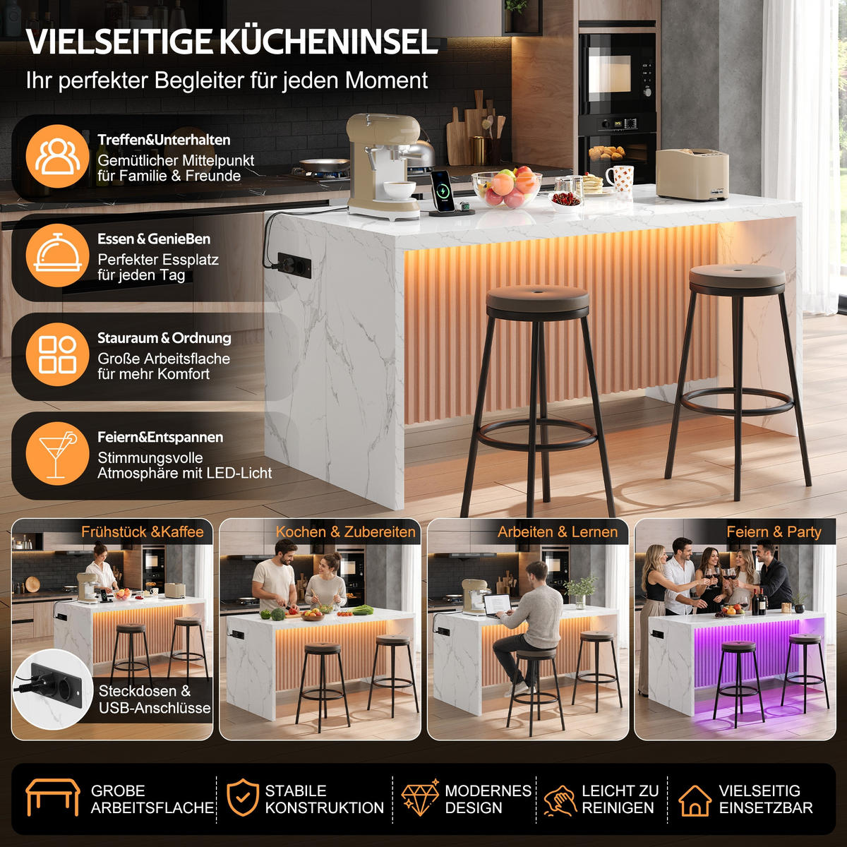 KÜCHENINSEL 155/80/90 cm Weiß mit LED-Leuchten, 2 Steckdosen und 2 USB-Anschlüsse - Weiß, Holz/Holzwerkstoff (80/90/155cm) - Oxeza