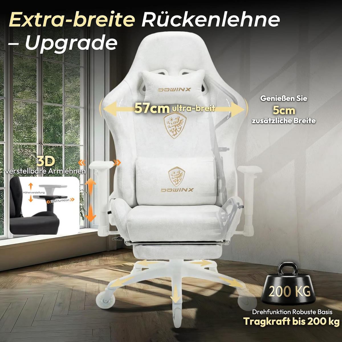 GAMING-STUHL Mikrofaser-Velours Verstellbarer Bürostuhl mit Fußstütze - Weiß, Leder (70/128/70cm)