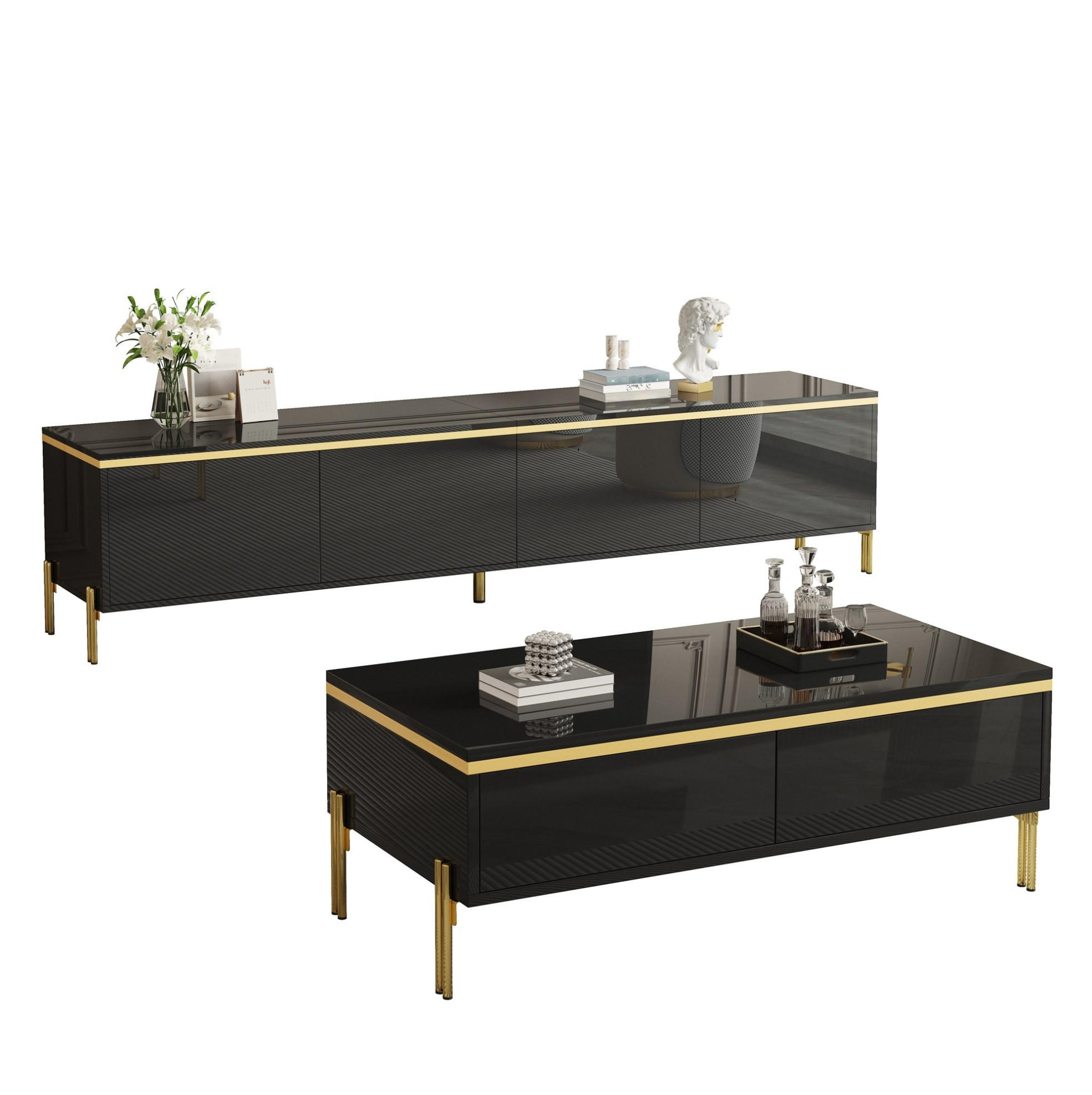 LOWBOARD TV-Möbel- und Couchtisch-Set 170/38/50 + 100/50/36 cm aus Spanplatte mit Hochglanzoberfläche Schwarz - Schwarz, Holzwerkstoff (170/50/38cm) - Modenvie