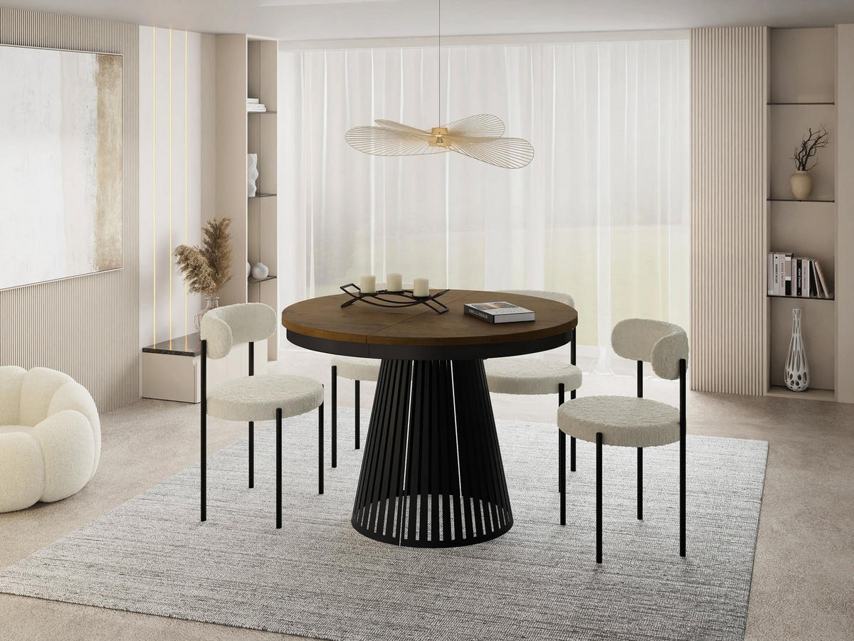 ESSTISCH Naro rund ausziehbar mit Schwarzem Lamellen-Metallgestell, Eiche Braun Rustikal 100-180/100/76 cm - Alteiche/Schwarz, Holzwerkstoff/Metall (100/176/76cm) - WFL GROUP