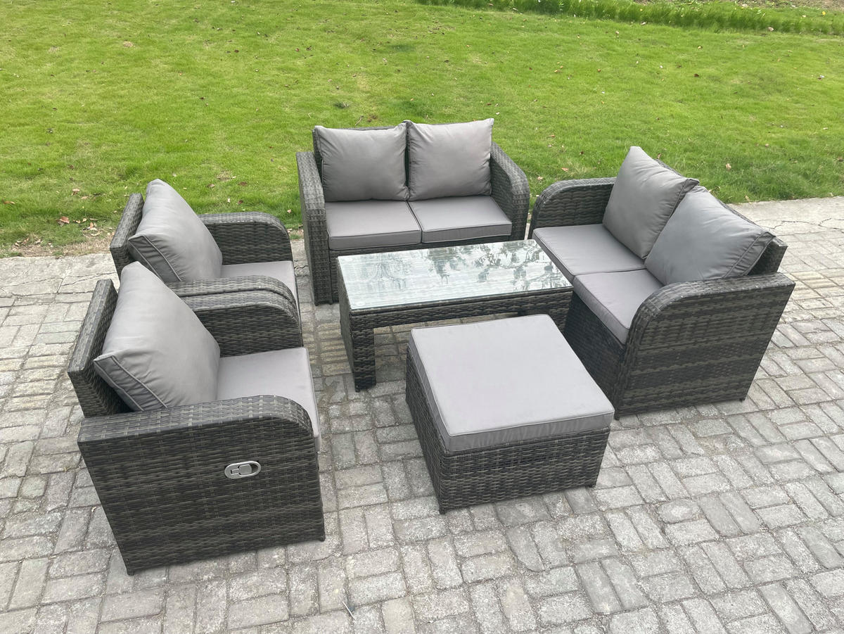 GARTENSOFA SET mit LIEGESTUHL Polyrattan 7-Sitzer Dunkelgrau - Dunkelgrau/Grau, Glas/Kunststoff - Fimous