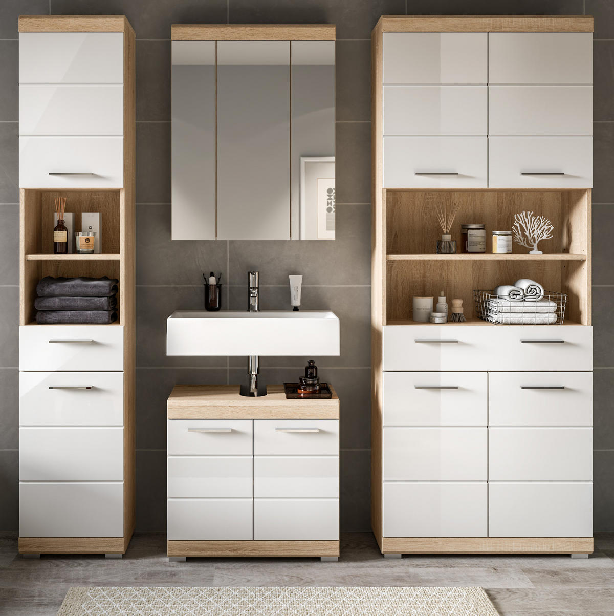 BADMÖBEL-SET weiß Hochglanz, Eiche 4-teilig 186 cm, viel Stauraum - Weiß Hochglanz/Eichefarben, Holzwerkstoff (186/191/34cm) - Inn.Furn