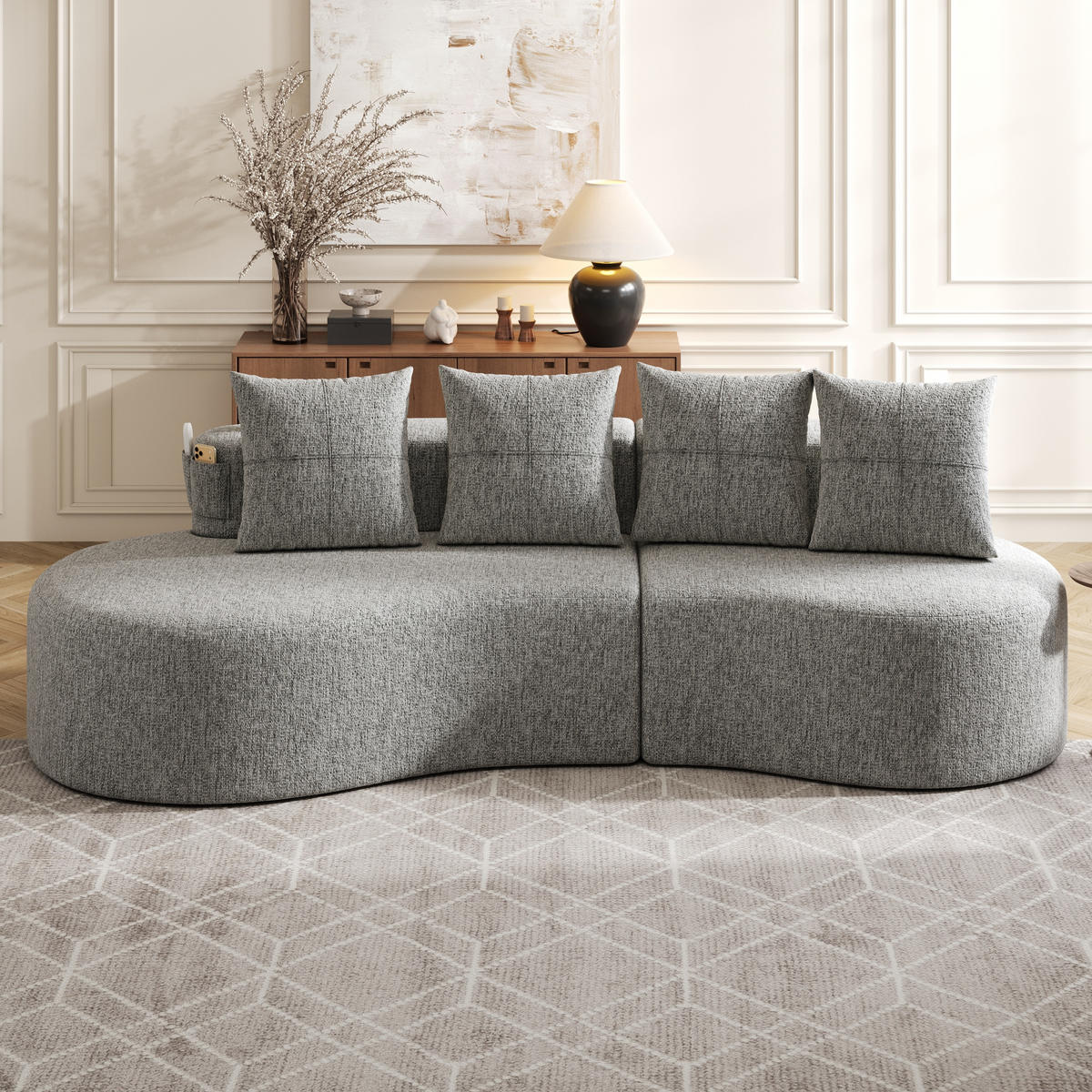 3-SITZER SOFA leinenstoff farbwahl mit getränkehalter & seitentaschen - Hellgrau, Textil (240/63/109cm) - Urban Meuble