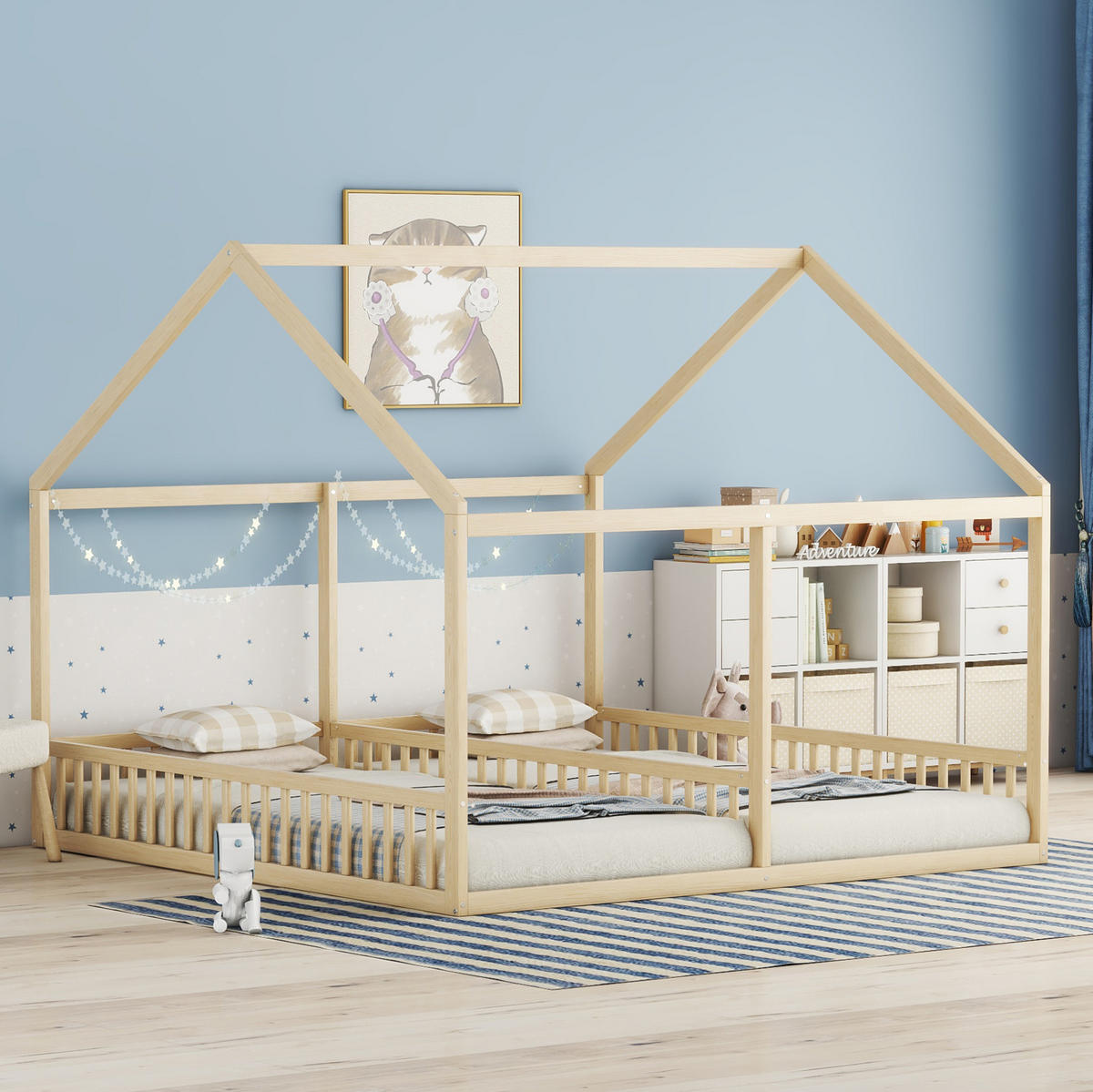 BETT 2-in-1 90/200 cm in Natur aus Kiefer mit Hausdesign und Schutzgitter - Naturfarben, Holz (90/200cm) - Flora Grace