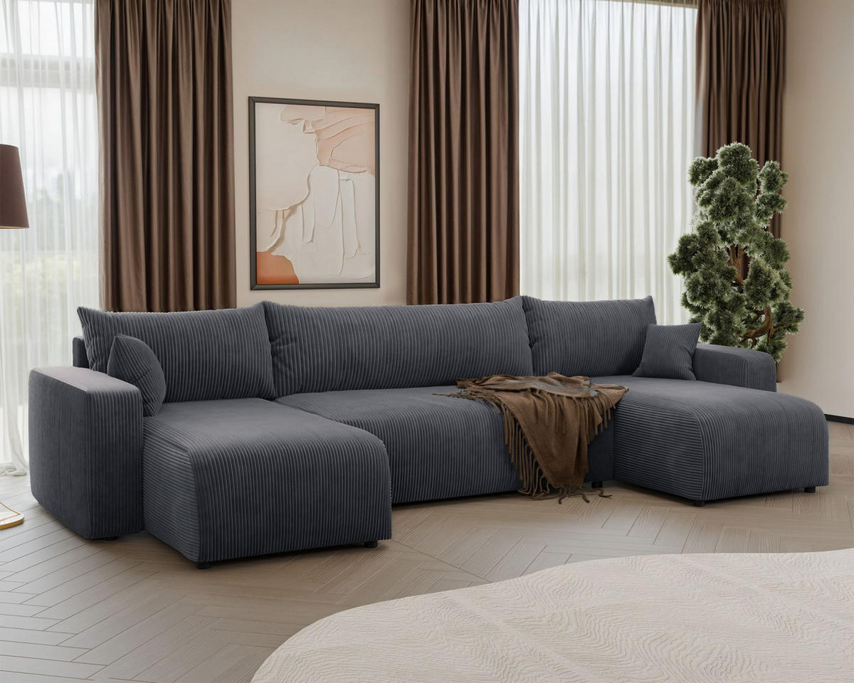 WOHNLANDSCHAFT Pianoni Grau Cordbezug - Schwarz/Grau, Kunststoff/Textil (312/83/140cm) - Selsey