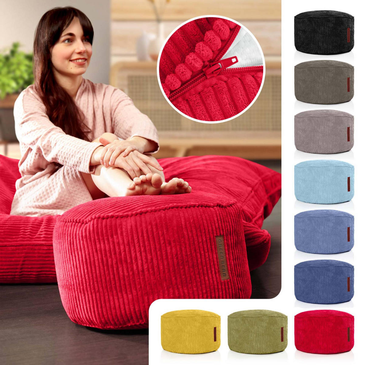 SITZSACK-HOCKER Pouf "Cord" 45x25cm - Rot, Textil (45/25/45cm) - Green Bean