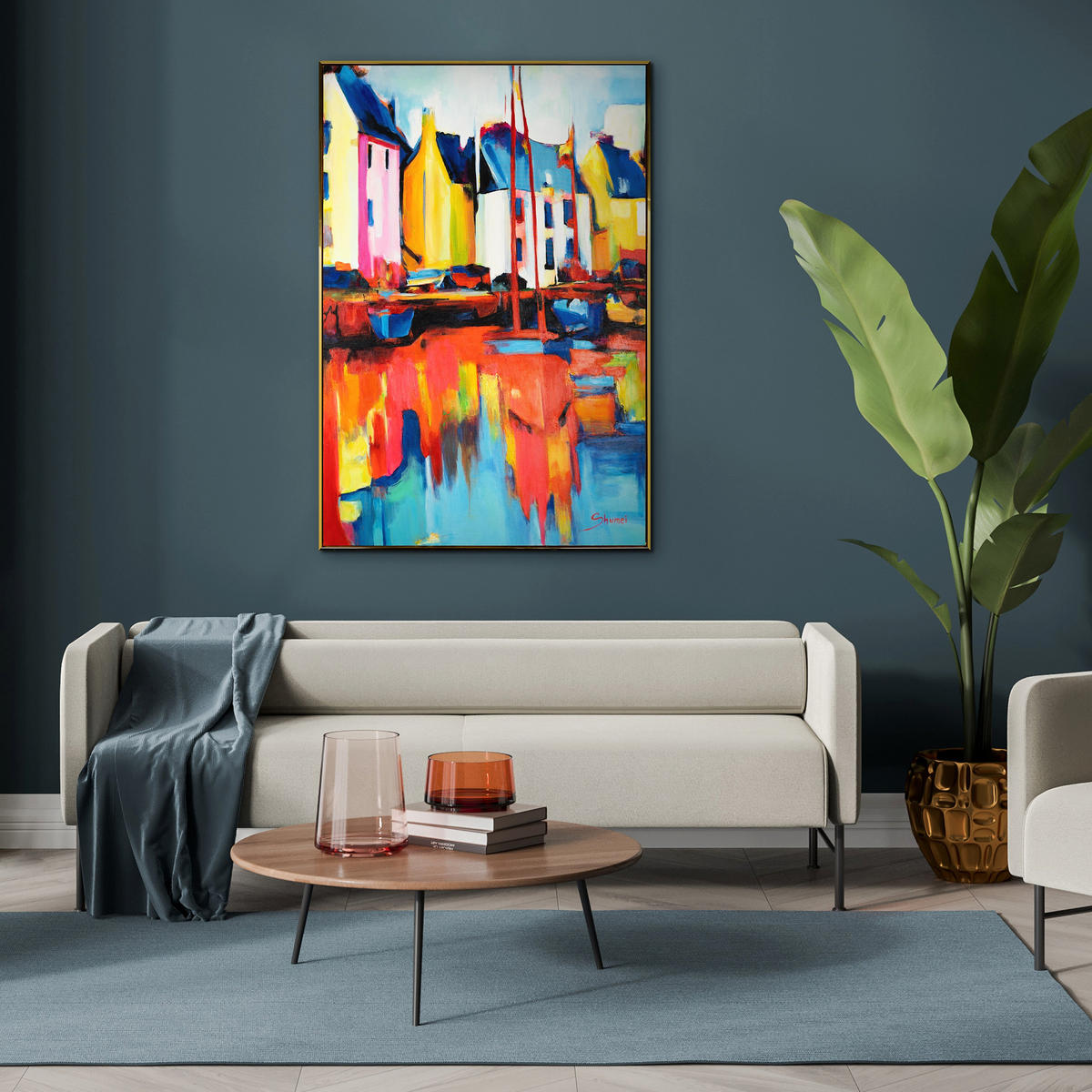 GEMÄLDE Yachten und Hafen Schattenfugenrahmen Gold 140x100 cm - Goldfarben, Holz (140/100cm) - YS-art gallery