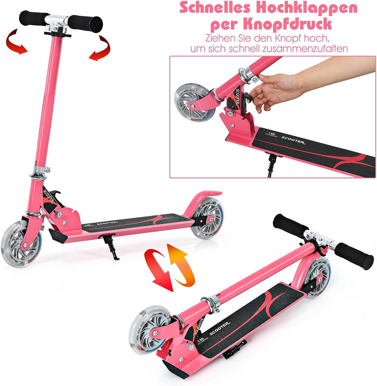 SCOOTER 85cm Pink - Pink, Metall (10/85/70cm) - COSTWAY