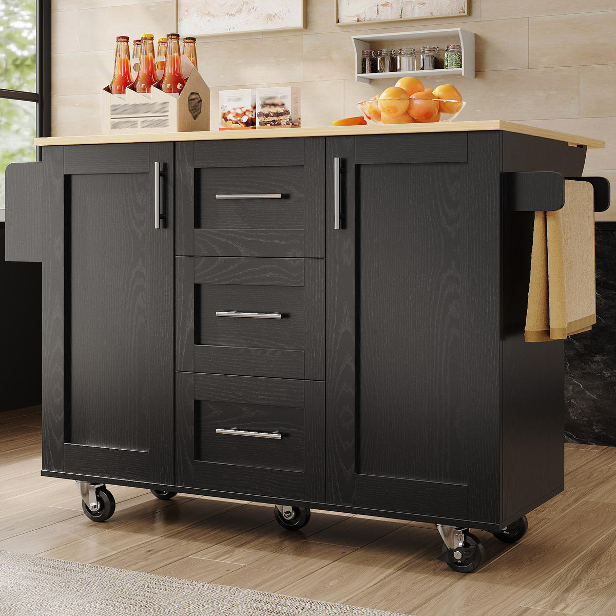 KÜCHENINSEL Küchenwagen Rollen Stauraum Schwarz - Schwarz, Metall (135/86.6/46cm) - FLIEKS
