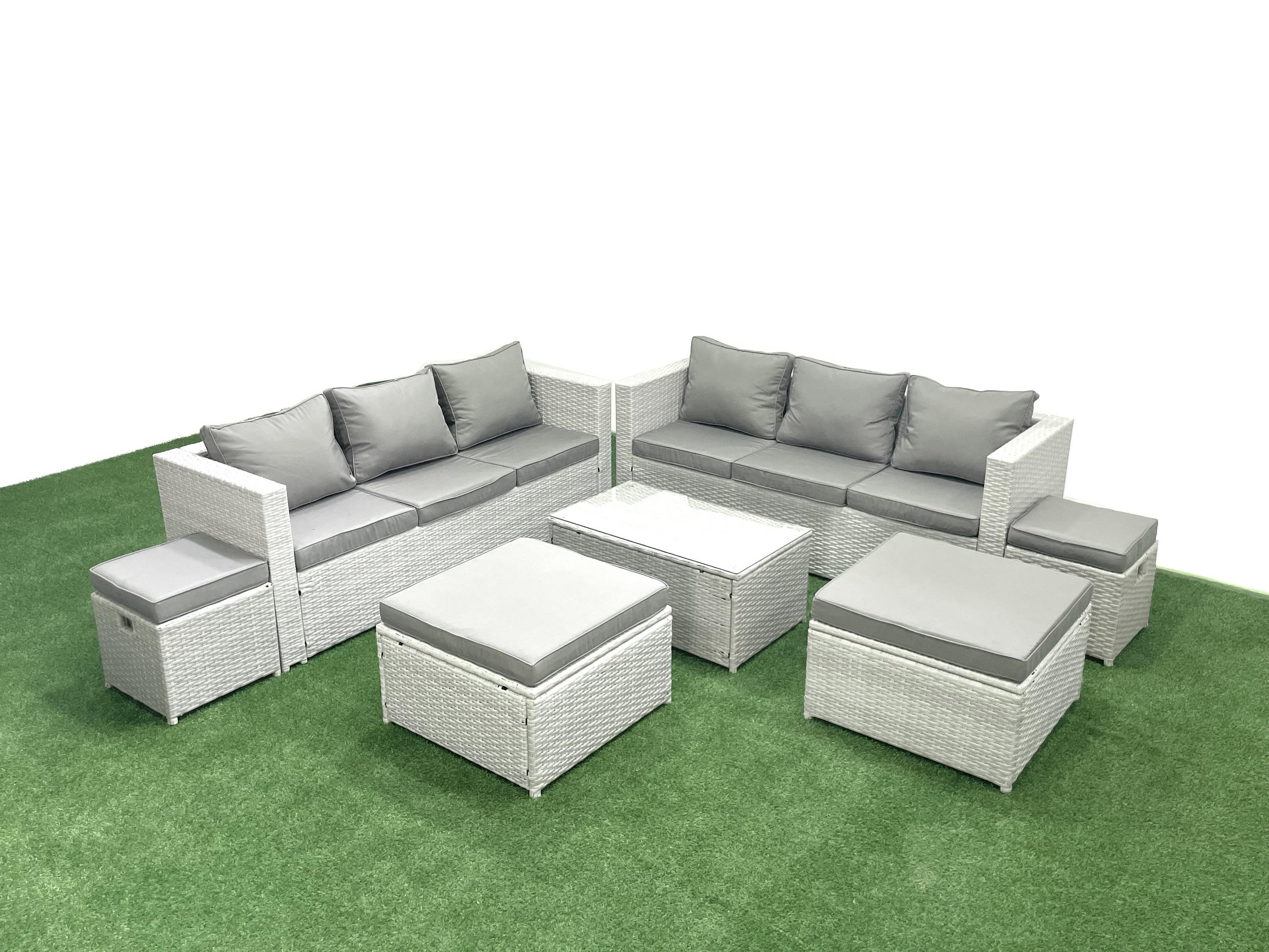GARTENSET mit 3-SITZER SOFA,COUCHTISCH Polyrattan Hellgrau-Mix 10-Sitzer - Hellgrau/Grau, Glas/Kunststoff - Fimous