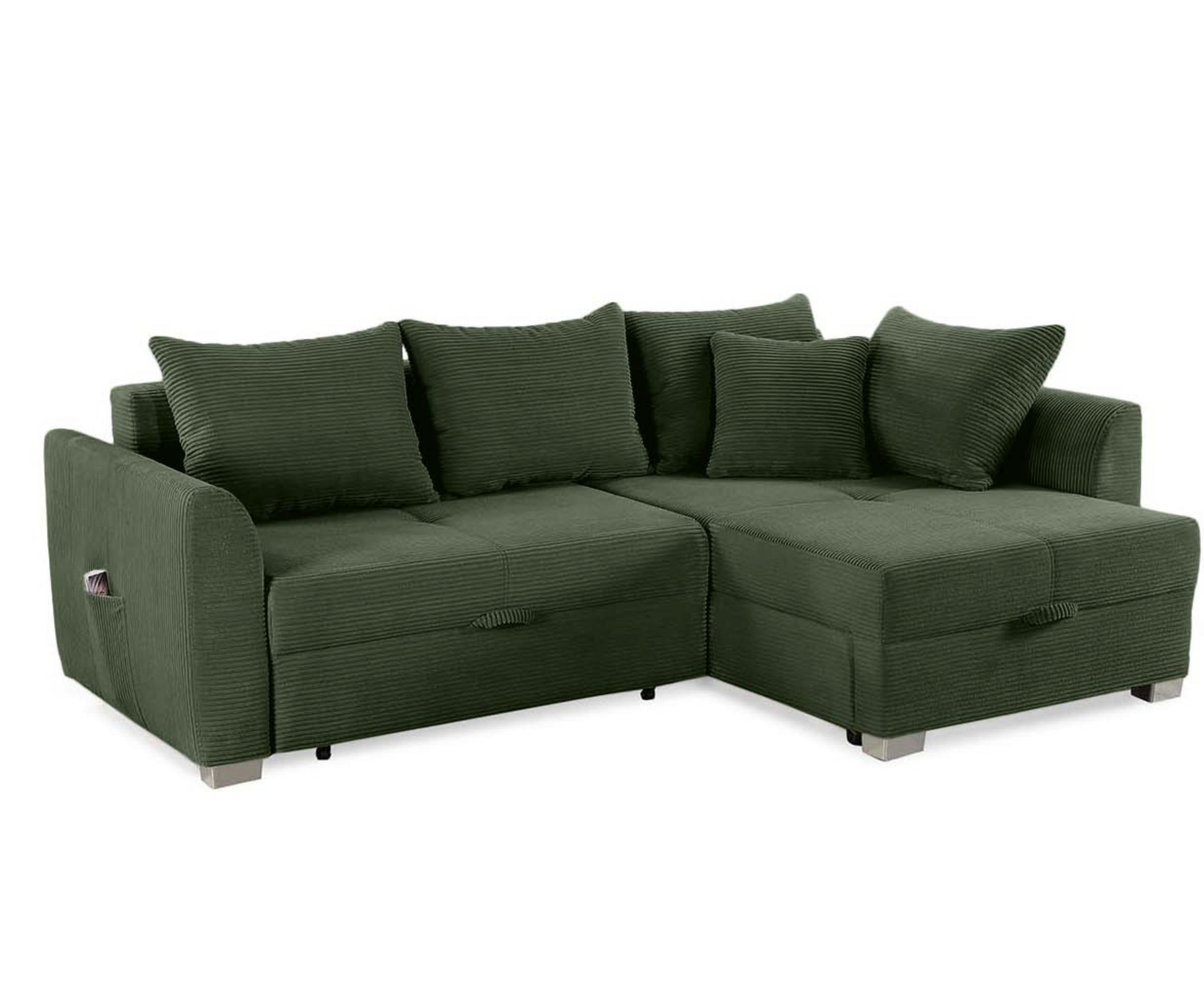 ECKSOFA mit Schlaffunktion und Bettkasten, seitenverkehrt montierbar B236/T160/H81 cm, Liegefl. 142x202 cm, Cord Grün / 15207 - Chromfarben/Grün, Kunststoff/Textil (236/160cm) - luma-home