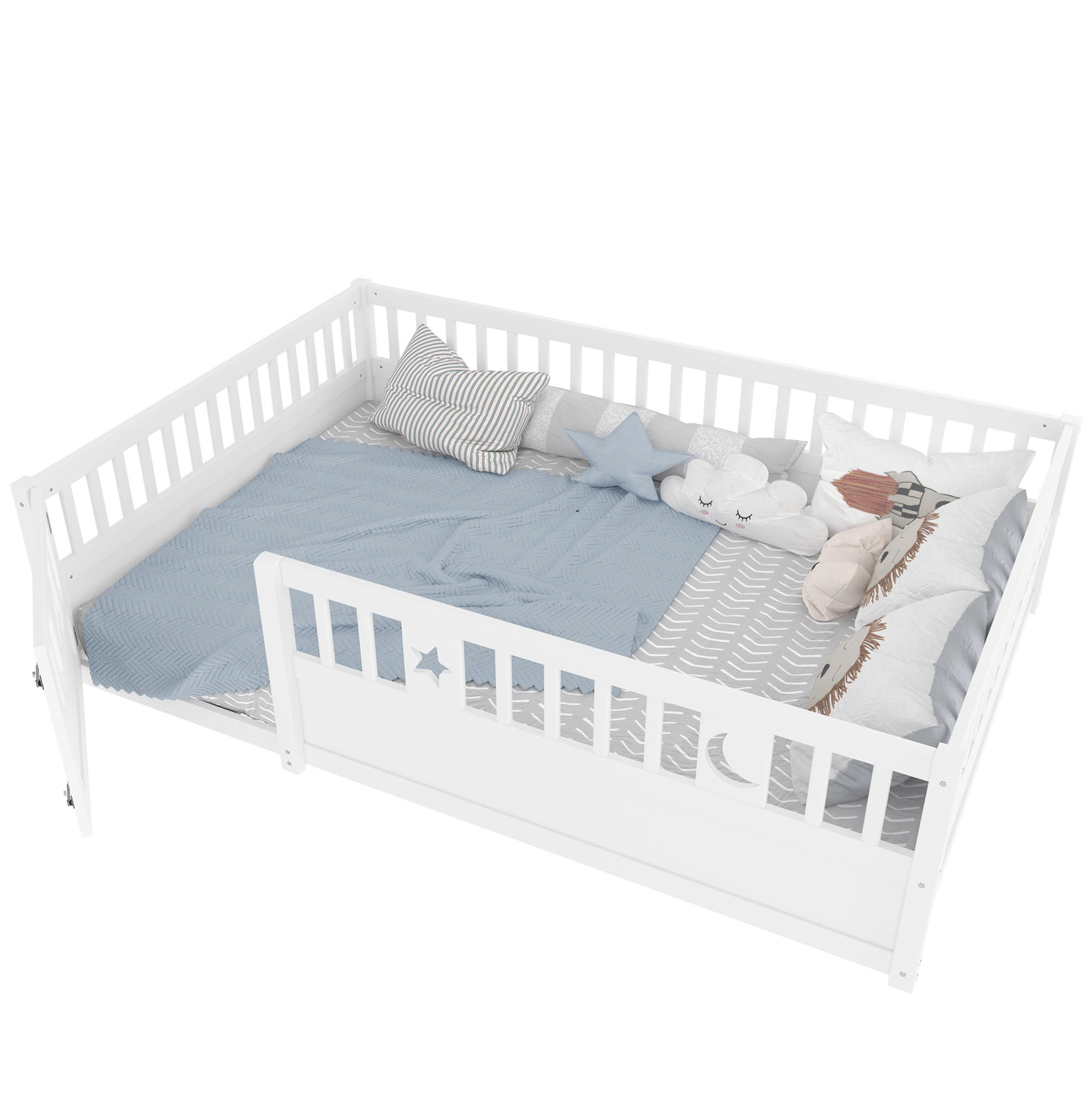 KINDERBETT aus Kiefer 140x190 cm Weiß mit Sicherheitsgitter, Zauntür mit Schloss und Stern-Mond-Dekor - Weiß, Holzwerkstoff (140/190cm) - Modfu