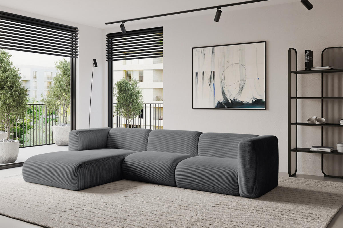 ECKSOFA Ottomane Links MIRA-L2 318x179x89 Dunkelgrau Cord - Dunkelgrau/Schwarz, Holzwerkstoff/Kunststoff (318/179cm) - ALTDECOR