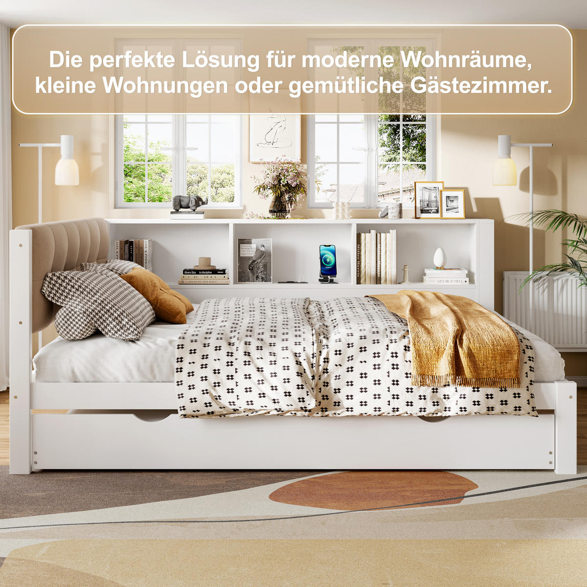 TAGEBETT 140x200cm Weiß Kiefer Ausziehbett LED-Leiste USB Regal - Weiß, Holz (140/200cm) - FLIEKS