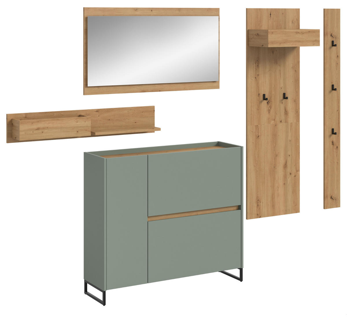 GARDEROBE-SET Salbei und Artisan Eiche, Garderobe 5-teilig, 236 x 192 cm, Soft-Close, Borga - Salbeigrün/Schwarz, Holzwerkstoff/Metall (236/192/32cm) - InnoFurn