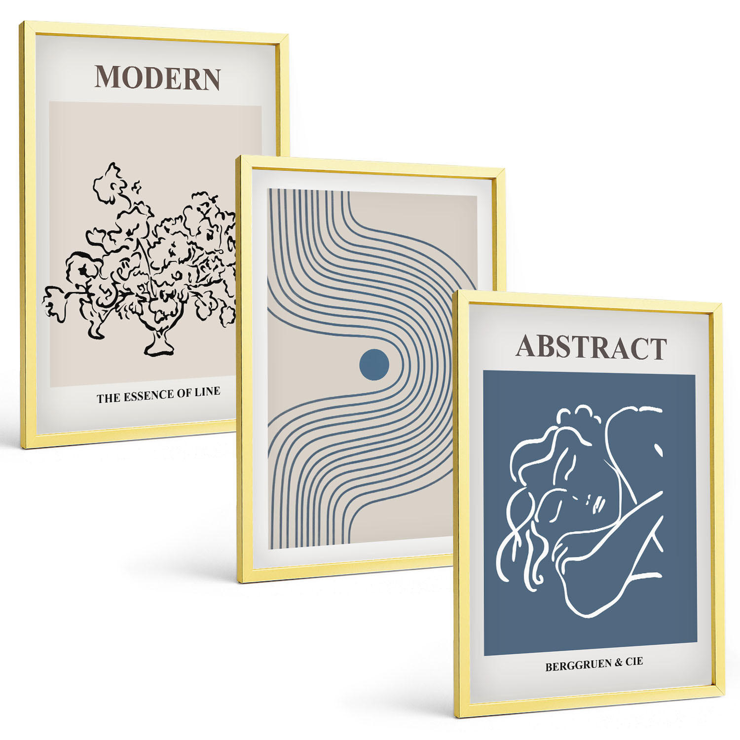 BILDER SET 3er Set - 40x60 cm Goldrahmen - abstrakte Poster mit Blumenlinien - Goldfarben, Kunststoff (40/60cm) - TULUP