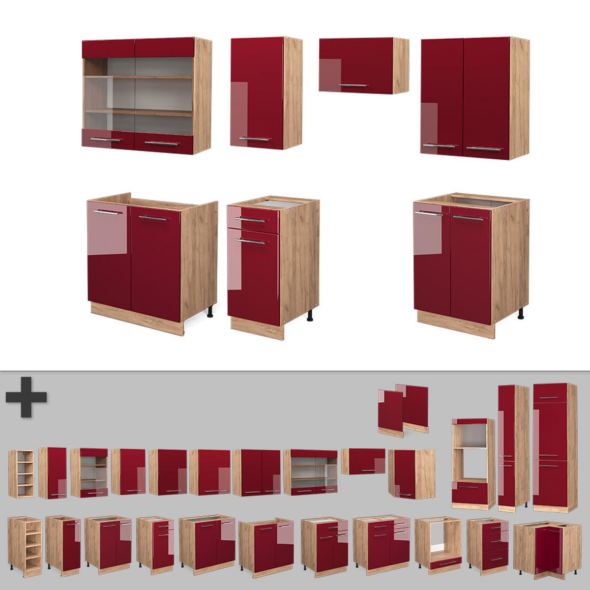 KÜCHENZEILE Fame-Line Bordeaux Hochglanz/Goldkraft Eiche 240 cm AP Marmor - Honigeiche/Bordeaux, Holzwerkstoff (240/81.6/60cm) - Vicco