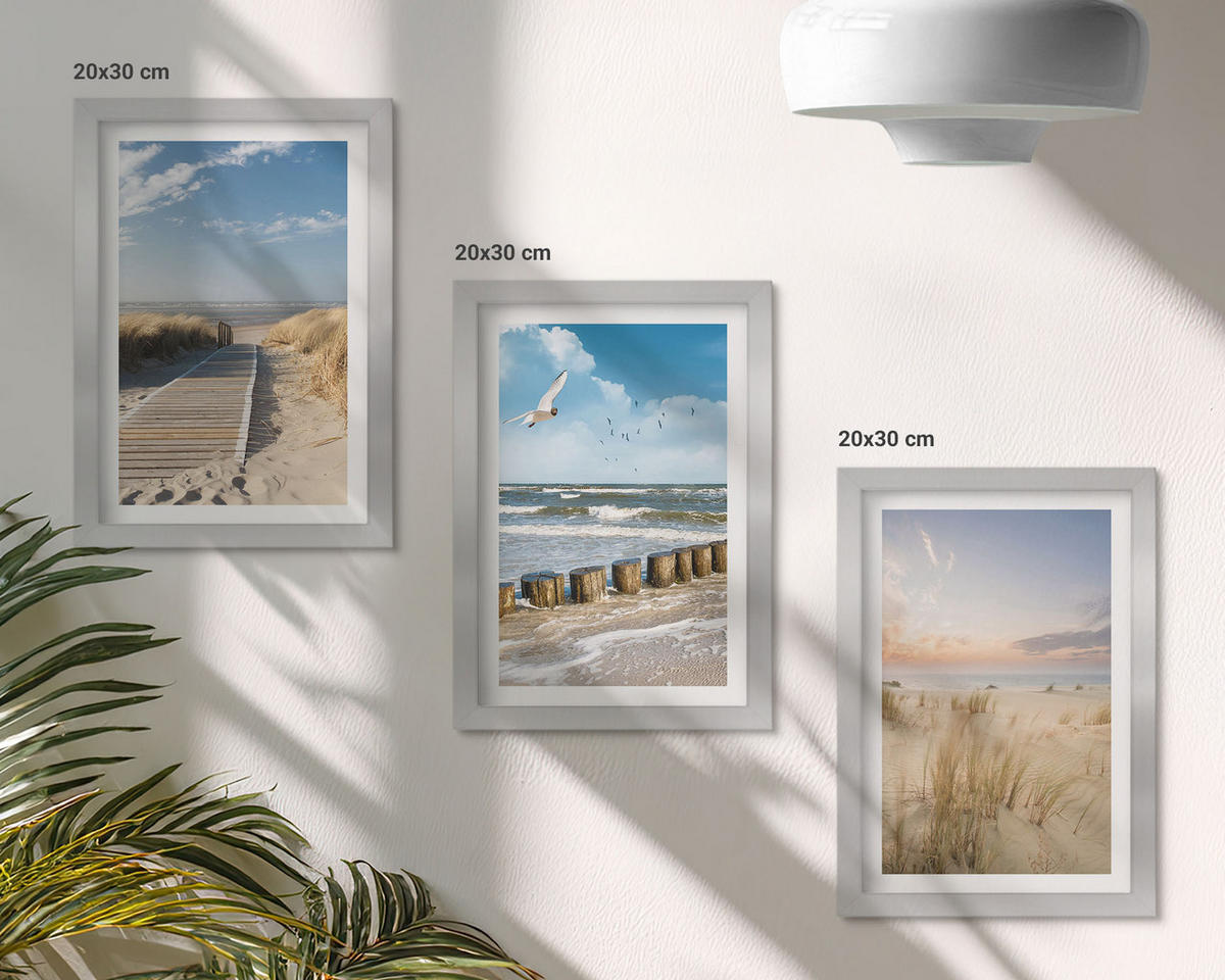 BILDER SET 3er Set - 20x30 cm Silberner Rahmen - Strand, Sand, Wellen, Himmel, Vögel - Silberfarben, Kunststoff (20/30cm) - TULUP