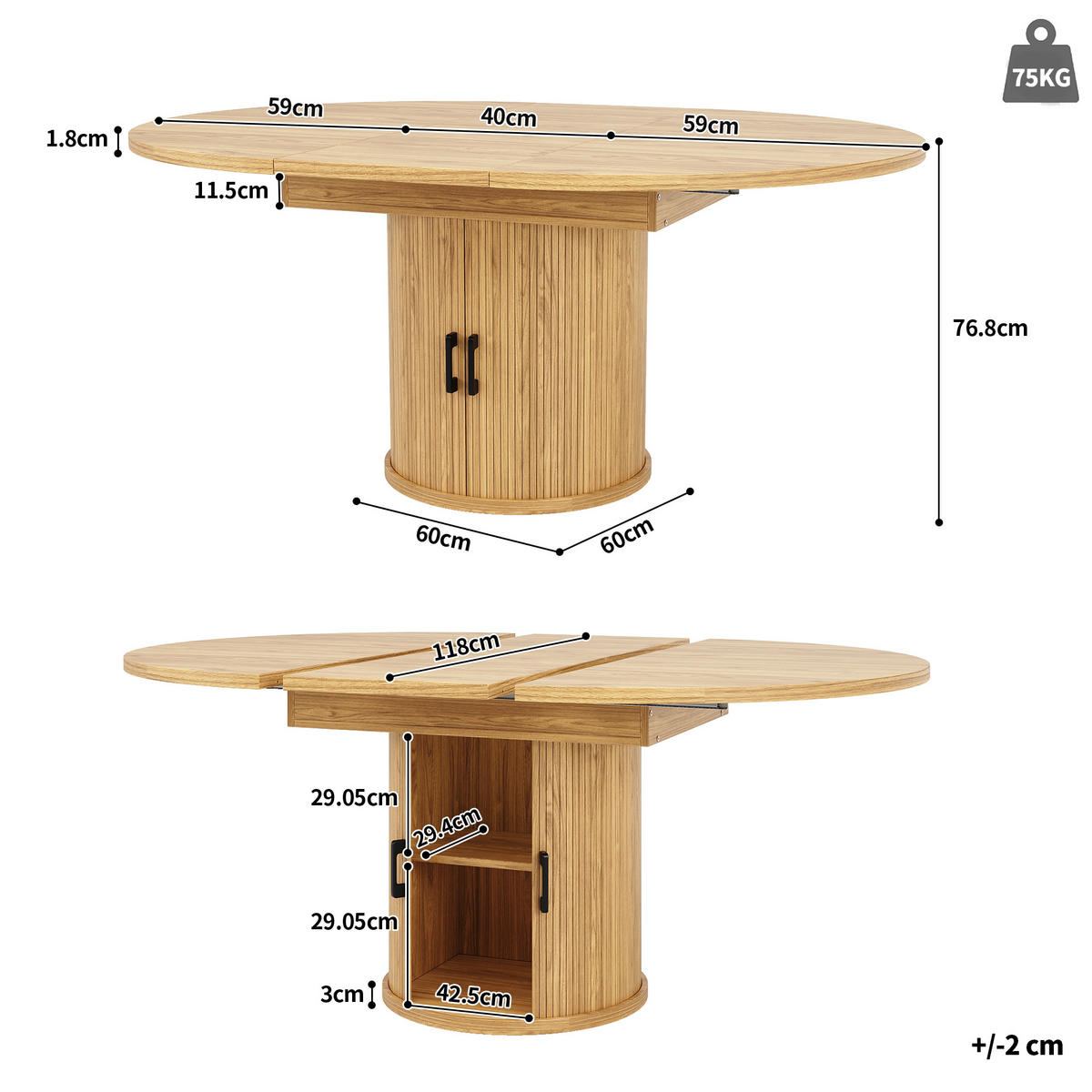 ESSTISCH Ausziehbar Natürlich mit Stauraum 118-158/118/76 cm - Naturfarben, Holz (118/118/76.8cm) - Oxeza