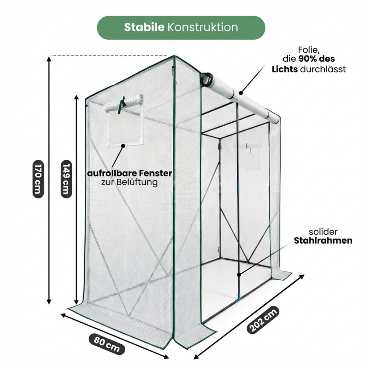GEWÄCHSHAUS in Hausform, Weiß, 202x80x170 cm - Weiß, Metall (202/170/80cm) - Akord