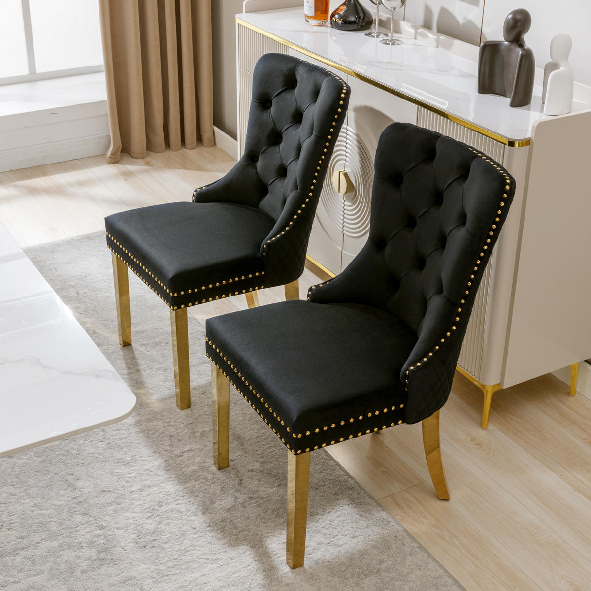 ESSZIMMERSTUHL 2-Tlg Samt Schwarz Gold, Nagelkopf, Gold Beine - Schwarz, Textil (50.5/95/45cm) - FLIEKS