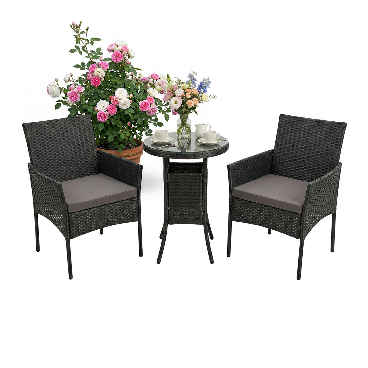 3-TLG.GARTENMÖBEL-SET - Schwarz, Glas/Kunststoff - Relaxdays