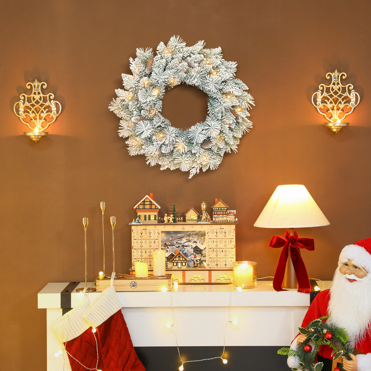 TANNENKRANZ Weihnachtskranz mit LED-Lichterkette, Tannenzapfen, Türkranz - Weiß, Kunststoff (60/8/60cm) - HOMCOM