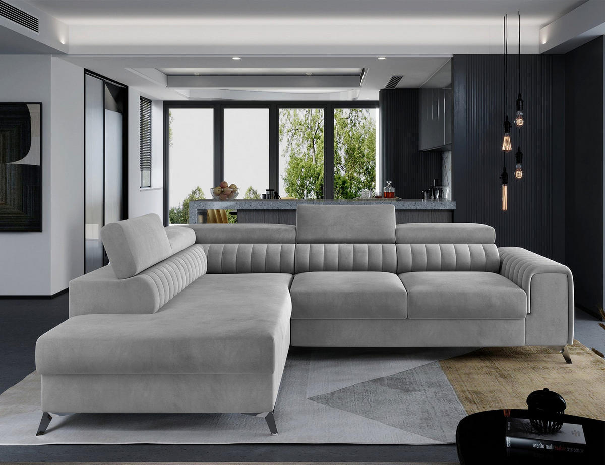ECKSOFA Laurence mit Schlaffunktion & Bettkasten – 278 x 205 cm, verstellbare Kopfstützen - Grau, Kunststoff (278/205cm) - Wohnideebilder