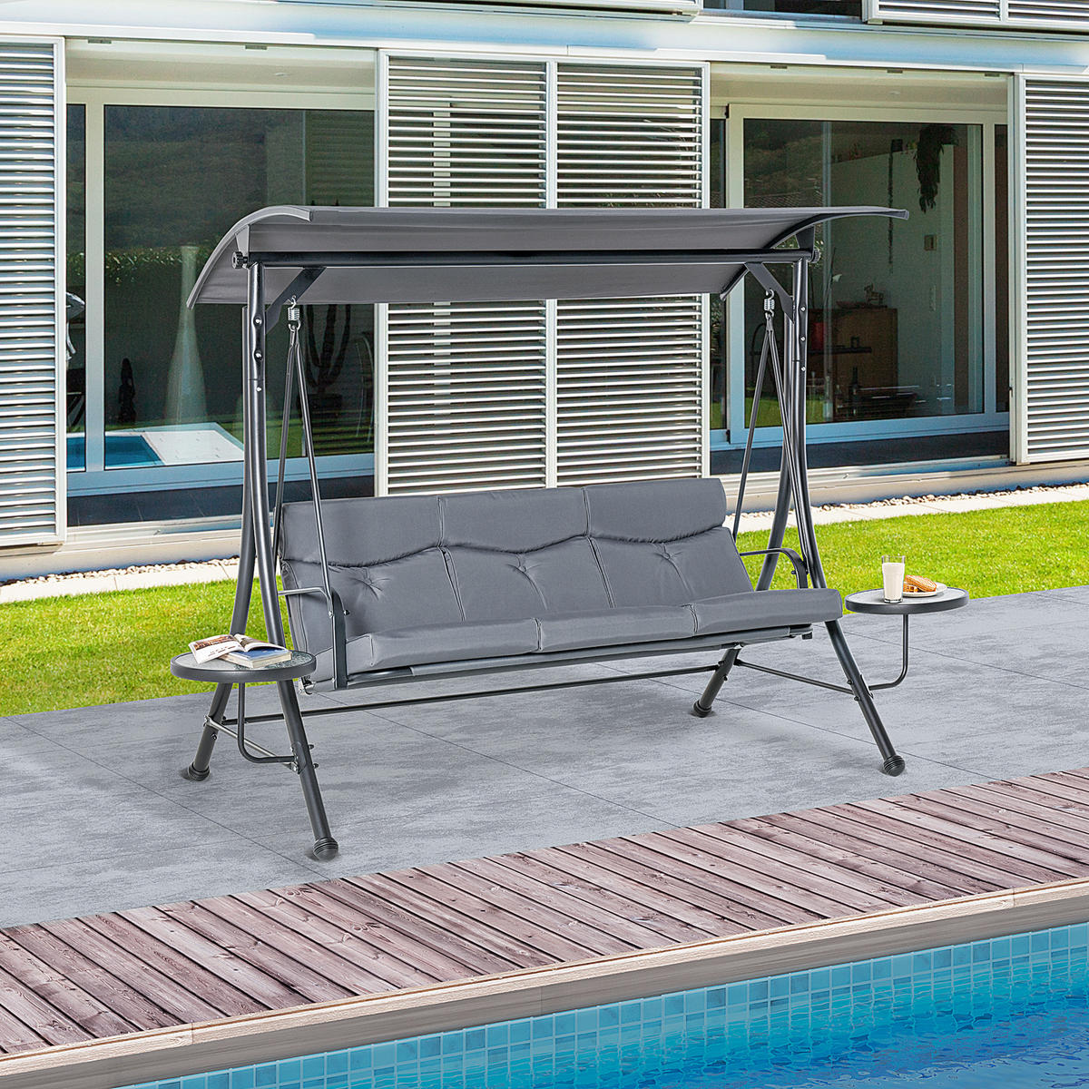 HOLLYWOODSCHAUKEL 3-SITZER DE-06975 verstellbares Sonnendach, Teetisch Grau/Schwarz - Schwarz/Grau, Metall (271/177/125cm) - ComfortXL
