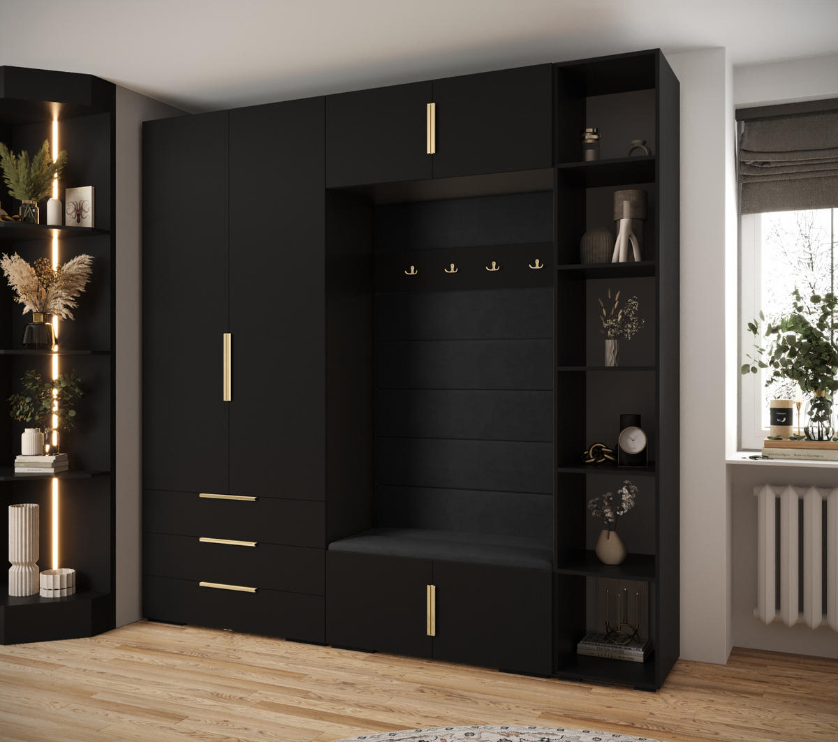 GARDEROBEN-SET 236,7/240/47 - Goldfarben/Schwarz, Holz/Kunststoff (240/236.7/47cm) - Abiks Möbel