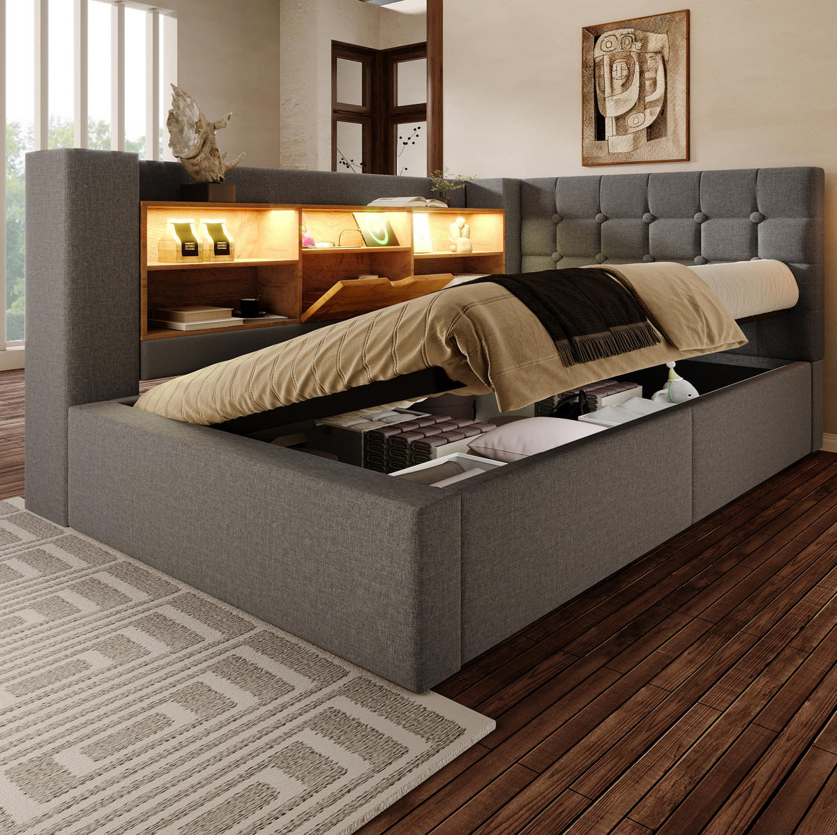 POLSTERBETT 90/200 cm mit LED-Beleuchtung, USB-Anschlüssen, hydraulischem Stauraum und L-Kopfteil, Grau - Grau, Textil (90/200cm) - Redom