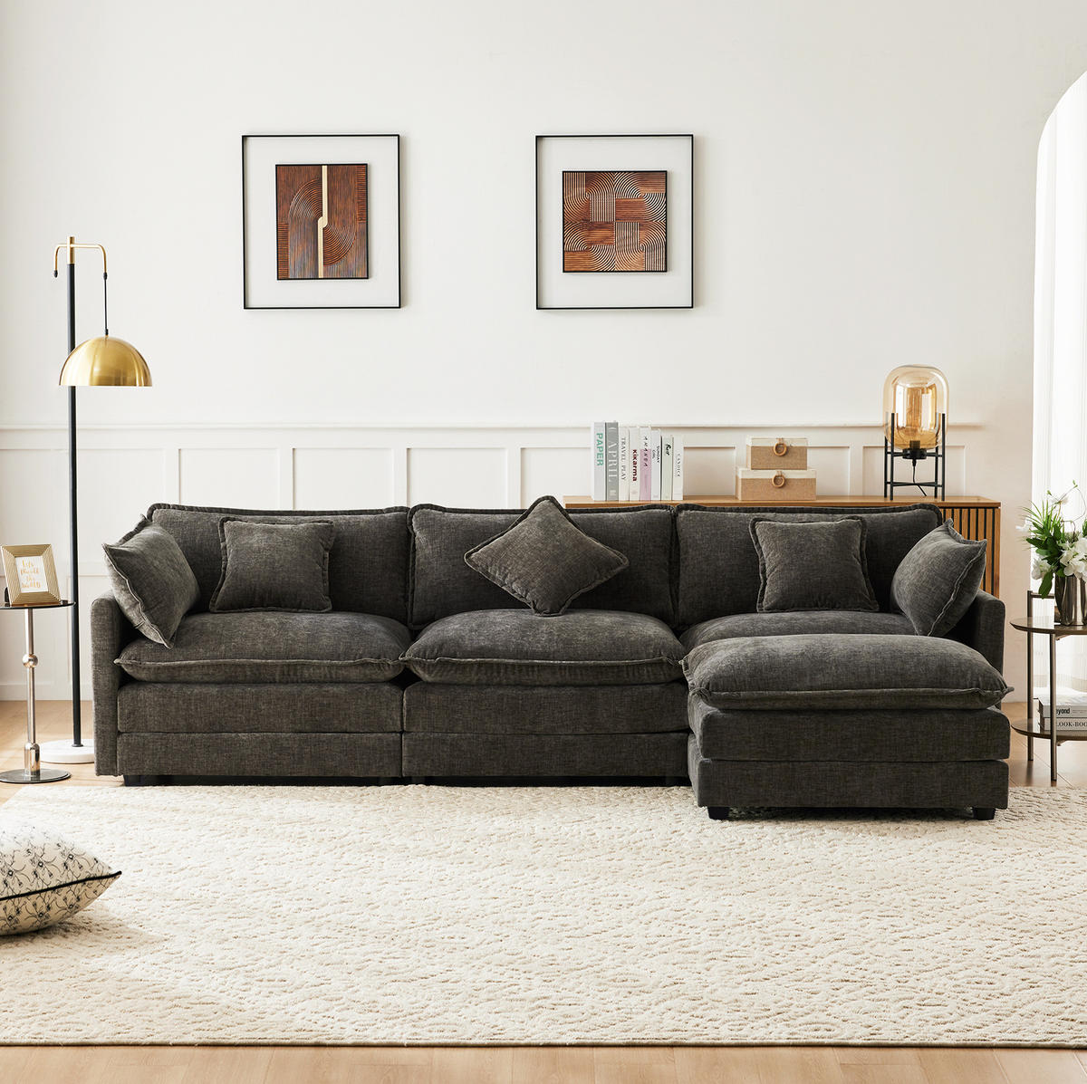 ECKSOFA 283/147/84 cm dunkelgrau aus Chenille mit Hocker - Dunkelgrau, Textil (147/84/283cm) - OKWISH