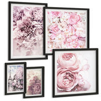 BILDER SET 5er Set - 50x50 cm & 20x30 cm & 40x60 cm Schwarzer Rahmen - Rosa Blumen, romantische Landschaft - Schwarz, Kunststoff (40/60cm) - TULUP