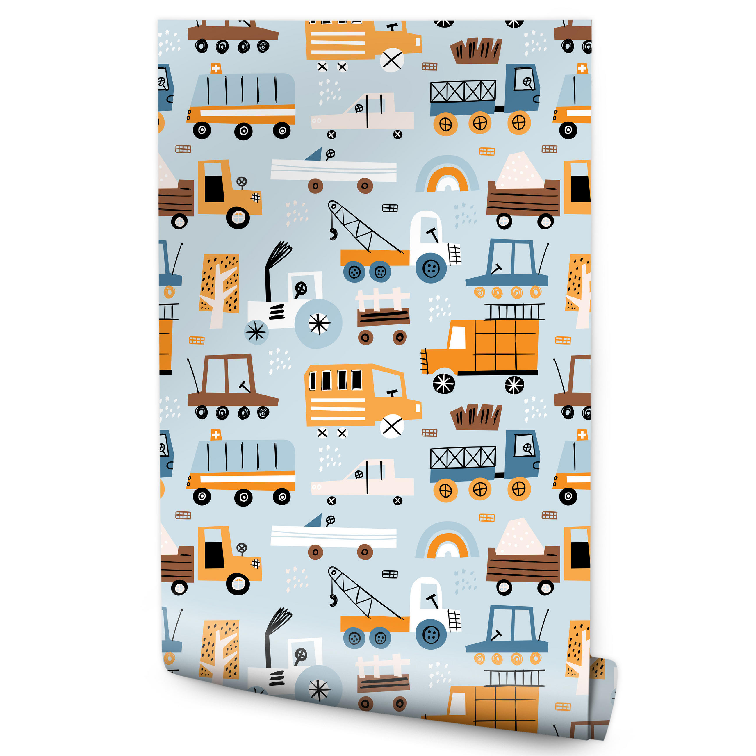 VLIESTAPETE Autos und Baustellenfahrzeuge – Orange, Blau, Grau – 50x1000 cm - Blau/Orange, Papier (50/1000cm) - Muralo