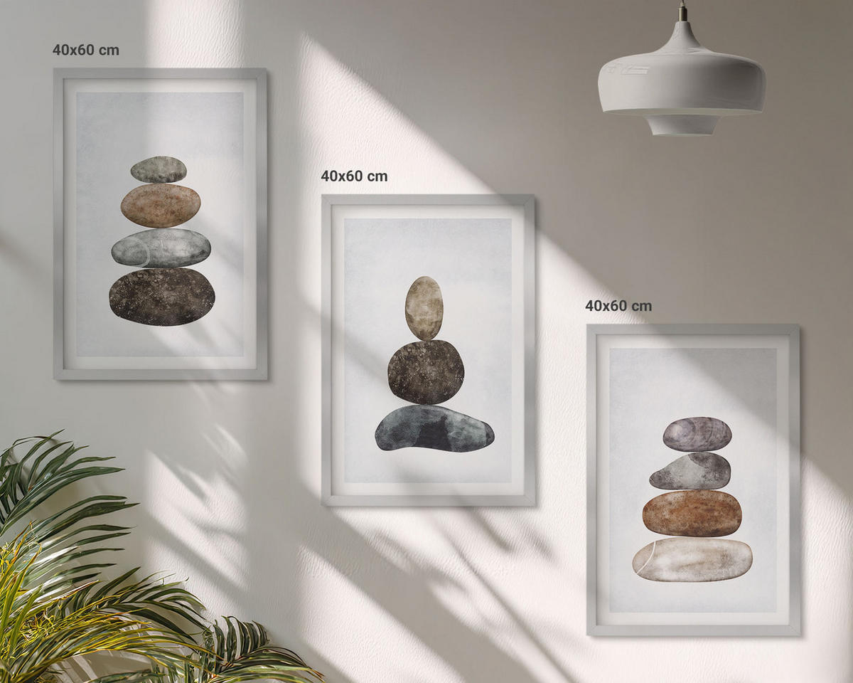 BILDER SET 3er Set - 40x60 cm Silberner Rahmen - Minimalistische Boho-Steine - Silberfarben, Kunststoff (40/60cm) - TULUP